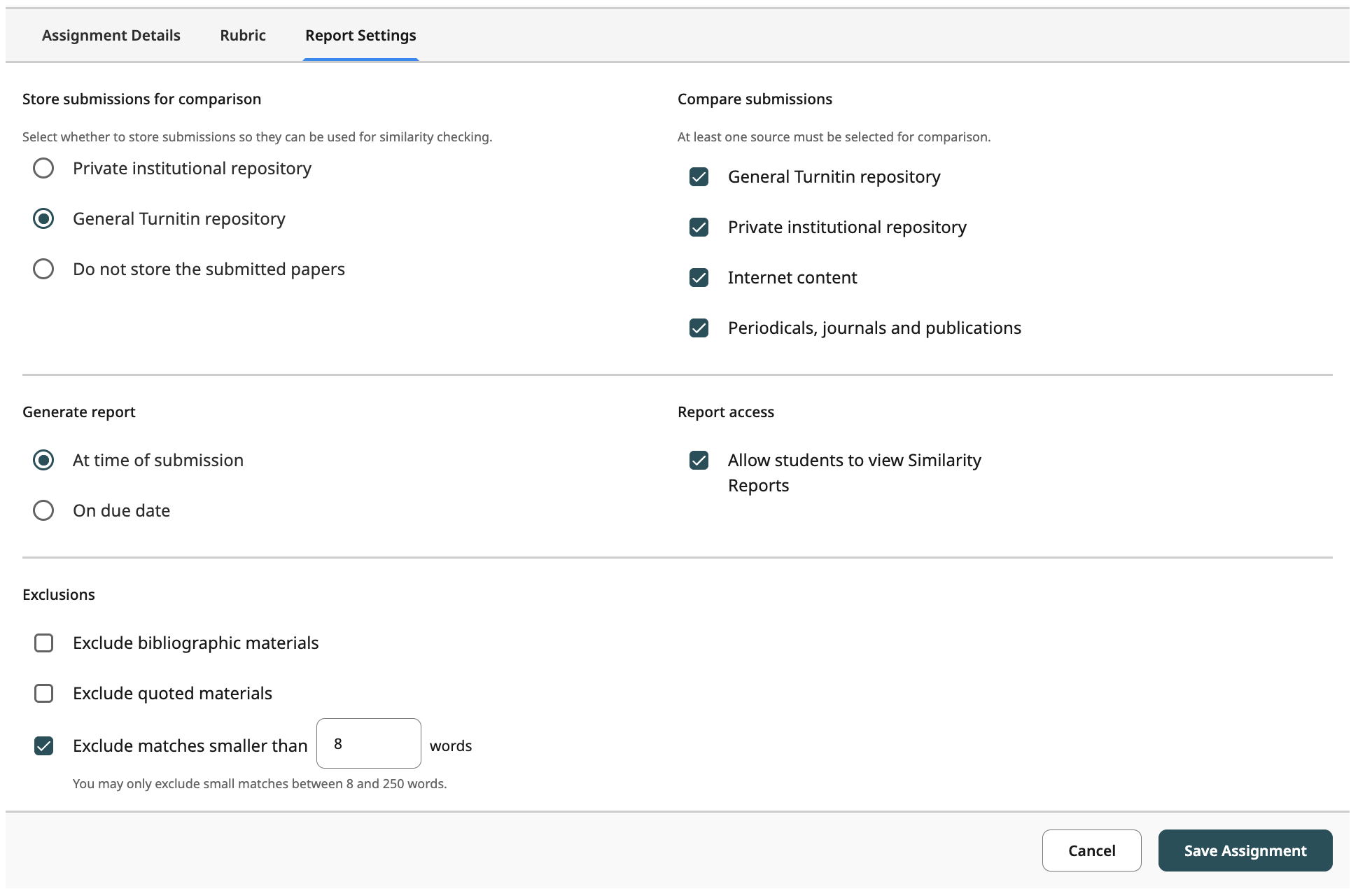 Screenshot of the Turnitin Report Settings tab showing options for storing submissions, sources to compare, similarity report generation timing, student report access, and exclusion rules.