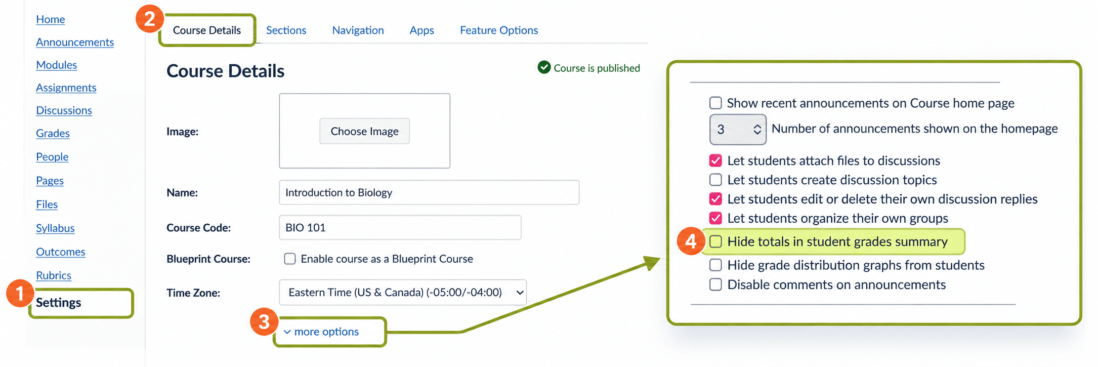 Canvas Course Settings showing the path to hide overall course totals: select Settings, open Course Details and More Options, then select “Hide totals in student grades summary.”