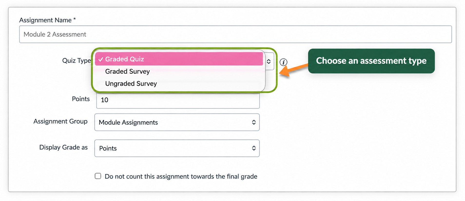 Illustration representing the choice between quizzes and surveys when creating an assessment in Canvas.