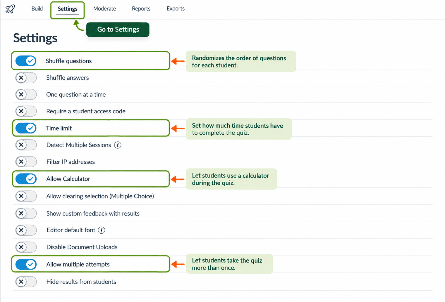 New Quizzes Settings page showing options for configuring the student quiz experience.